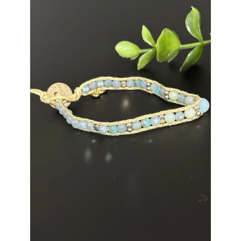 Lotus and Luna Beaded Wrap Bracelet Blue Grey Boho Coconut Button Adjustable